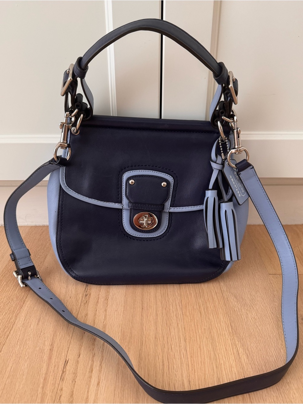 Coach Willis Archive top handle color block navy blue chambray bag handbag